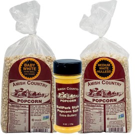 Amish Country Popcorn | 2 Pound Variety Packs - 2 Lb Baby White Kernels, 2 Lb Medium White Kernels, & Buttersalt | Old Fashioned, Non-GMO and Gluten Free