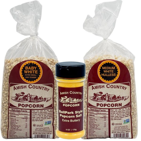 Amish Country Popcorn | 2 Pound Variety Packs - 2 Lb Baby White Kernels, 2 Lb Medium White Kernels, & Buttersalt | Old Fashioned, Non-GMO and Gluten Free