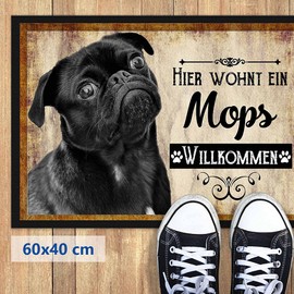 PR Print Royal Doormat Pets with Dog Picture Pug Black – Gift Idea for Dog Lovers and Dog Owners – Size 60 x 40 cm