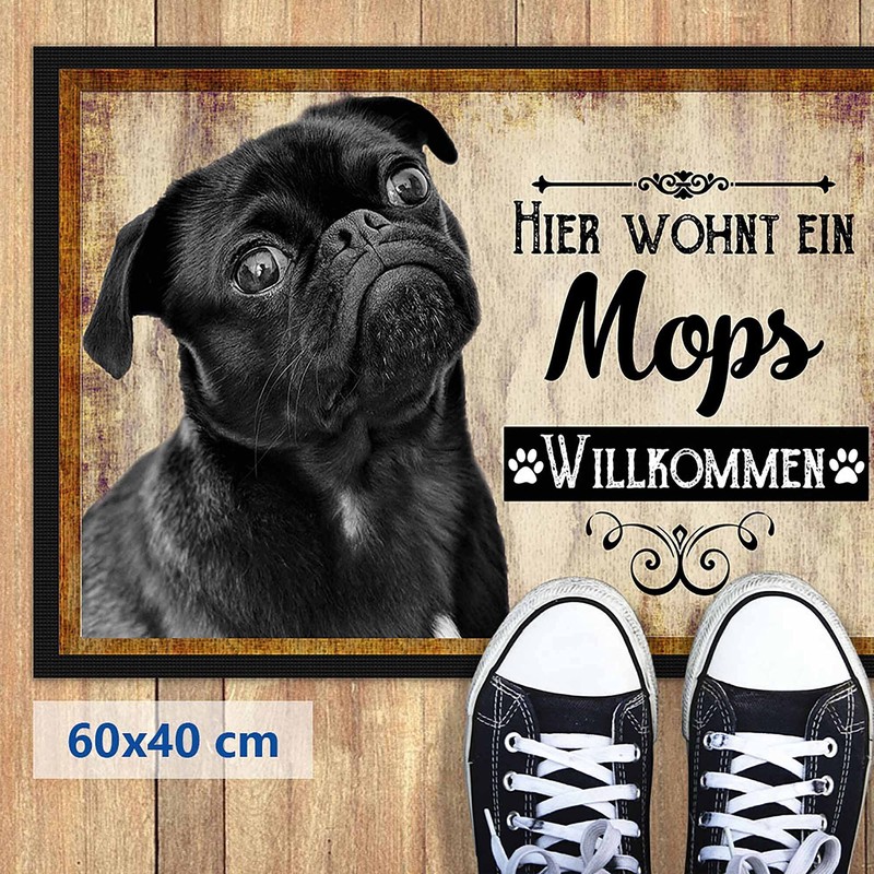 PR Print Royal Doormat Pets with Dog Picture Pug Black