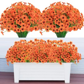MERIXMAS 20 Bundles Fall Flowers Artificial for Decoration Outdoors, Fake Flowers Faux Plants Silk Colorful Daisy Eucalyptus Realistic UV Resistant for Garden Patio Porch Box Home Decor, Orange