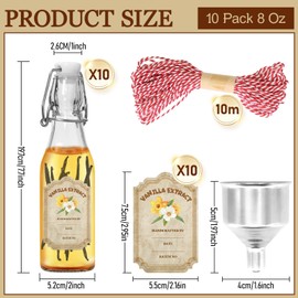 10 Pack Swing Top Glass Vanilla Extract Bottles 8 oz with Lids, Vanilla Extract Labels and Funnel, Glass Boston Vanilla Bottles for Syrup Gift, Flip Top Glass Bottles Jars for Vanilla Extract