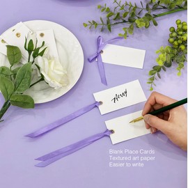 25 Pcs Name Place Cards Blank Seat Card, 2 x 4 in Table Cards with Stain Ribbon, Wedding Place Card, Hanging Tags for Wedding Table Setting Reserved Chairs Signs Dinner Banquet Parties.(Purple)