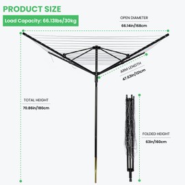 GOCEZIA Outdoor Umbrella Drying Rack, 4-Aluminum Arms Folding Rotary Dryer with 12 Lines 165 ft Drying Space Adjustable Height Clothesline w/Waterproof Cover & Ground Spike for Garden Backyard(Black)