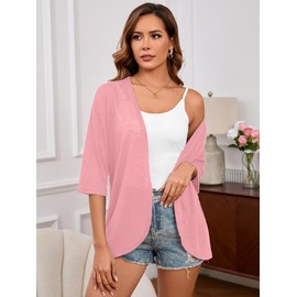 Heymoments Lightweight Cardigan for Women Open Front 3/4 Sleeve Soft Draped Summer Casual Cover Up Kimonos Tops Pink XX-Large Cardigans