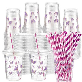 Honeydak 150 Pcs Purple Butterfly Plastic Cups Set 50 Pcs 16 oz Butterfly Clear Disposable Cups with 50 Lids and 50 Paper Straws Party Favor for Spring Birthday Baby Shower Wedding Party Supplies