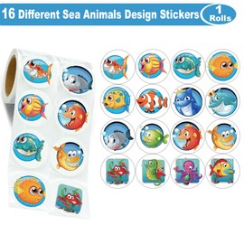 Hohamn 600Pcs Sea Animals Stickers for Kids 16 Designs 1.5 Inch Ocean Animal Stickers Roll for Kids Party Favors Teacher Reward Encouragement Motivational Stickers