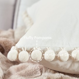 Topfinel Cushion Covers,Boho Outdoor Cushion Covers 12 inch x 12 inch,Cream Velvet Pom Pom Small Cushion Cover 30x30 with Invisible Zip for Sofa Chair Living Room,Pack of 2