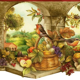 CONCORD WALLCOVERINGS ™ Wallpaper Border Country Pattern Fruit Baskets Columns Birds Leaves, Die Cut Edge for Cottage Farmhouse Kitchen, Brown Green Red, 15 ft by 8.75 in KS76858DLL