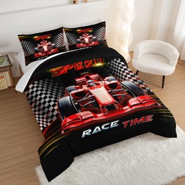 UEVBF Red Race Car Bedding Comforter Set Twin Size,Black White Checkered Racing Flag Comforter Set,Race Car Room Decor for Kids Boys,Cool Sports Themed Bedding Sets with 2 Pillowcases.