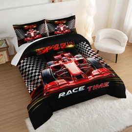 UEVBF Red Race Car Bedding Comforter Set Twin Size,Black White Checkered Racing Flag Comforter Set,Race Car Room Decor for Kids Boys,Cool Sports Themed Bedding Sets with 2 Pillowcases.
