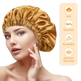 Mugust Satijn Bonnet, Zijde Slaap Bonnets voor Vrouwen, Adjustable Satijn Night Sleeping Cap, Hair Bonnet for Krullend Hair Vlecht Vrouwen, Verstelbaar goud, M