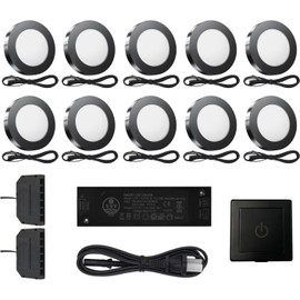 VST Under Cabinet Lighting Plug in with Wired Touch Dimmer Switch,Recessed or Surface Mount Design,Natural White 4000K 12V 2W(20W Total, 10 Pack Black) Puck Lights Fixtures