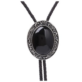 Himongoo Big Black Agate Bola Bolo Tie for Men Women Leather Rope Wedding Necklace Western Cowboy Necktie (Big Black Agate)