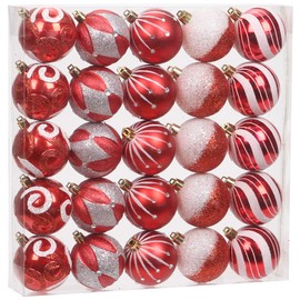 Sea Team 25-Pack Christmas Ball Ornaments with Strings, 60mm/2.36-Inch Medium Size Baubles, Shatterproof Plastic Christmas Bulbs, Hanging Decorations for Xmas Tree, Holiday, Wedding, Party, Red