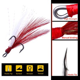 FANGBLUE 20Pcs Treble Fishing Hooks with Red and White Feather Size 4# Stainless Steel Barbed Sharp Triple Fishhook with Box for Saltwater Freshwater