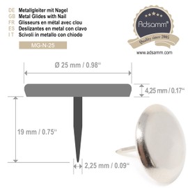 4 Metal Glider with Nail, Ø 0.98'' (25 mm), silver, round, furniture glider - Furniture Glides - Scratch Protection - Furniture Glides With Nail - , round Ø 0.98'' (25 mm)