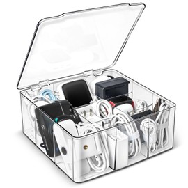 Charger and Cable Organizer Box with 10 Wire Ties, Adapter Storage Box, Plastic Charger Cable Cord Storage Organizer