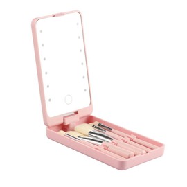 LED Lighted Makeup Cosmetic Mirror with Makeup Brushes Travel Folding Makeup Mirror Box Portable Compact Mirror