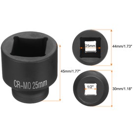 HARFINGTON 4 Point Square Socket 1/2" Drive 25mm Metric Square Impact Socket CR-MO Blackening Standard Wheel Sockets Pneumatic Socket Tool for Auto Repair Mechanical Maintenance Home Use