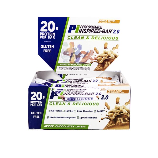 Performance Inspired Nutrition - Protein Bar 2.0 – Contains - 20G Protein - 6G Fiber - 4g MCTs - 1 Billion CFU Probiotics – 1G Prebiotics - G Free – BIG 70g Bar - Peanut Butter - 12Ct. Box