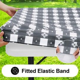 Spotjoy Rectangle Vinyl Table Cloth, Waterproof Elastic Fitted Tablecloth with Flannel Backing, Plastic Table Cover for Picnic, Camping, Outdoor (Grey & White, 30"x48")