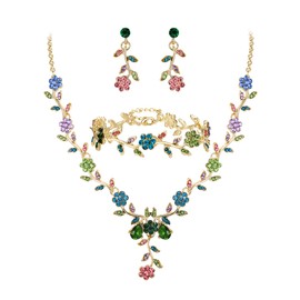 BriLove Women's Wedding Jewellery Set Leaf Cluster Flower Crystal Dangle Earrings Pendant Necklace Link Bracelet for Bridal Bride Guest Dresses Multicolor Gold-Tone