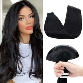 Benehair Tape-In Real Hair Extensions, 45 cm, Invisible Tape-In Hair Extensions, Human Hair, Silky Straight, 100% Remy Hair, 10 Pieces, 25 g, Dark Black #1