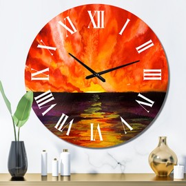 Designart 'Bright Red Sunset Over Ocean' Modern wall clock - 36 in. high, 36 In. Wide