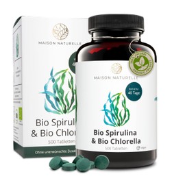 Maison Naturelle® Organic Spirulina & Chlorella Mix Pellets (500 Pieces) - 50% Pure Organic Spirulina Algae & 50% Pure Organic Chlorella Algae without Additives - High Dose with 3,000 mg Organic Spirulina & 3,000 mg Organic Chlorella per Daily Dose - 100% Vegan