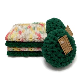 Dark Green & Ecru Kitchen Gift Set, 2 Nylon Scrubbies and 4 Cotton 4 inch x 7 inch Dishcloths