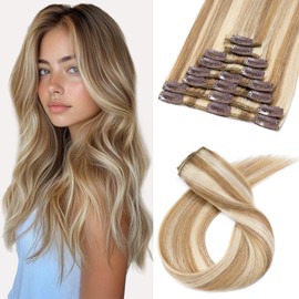 Benehair Clip in Hair Extension 8 PCS Full Head Straight Real Human Hair Extensions Clip in #12/613 Golden Brown Mix Bleach Blonde Natural Thick Hair Pieces for Women 14 Inch (60 g)