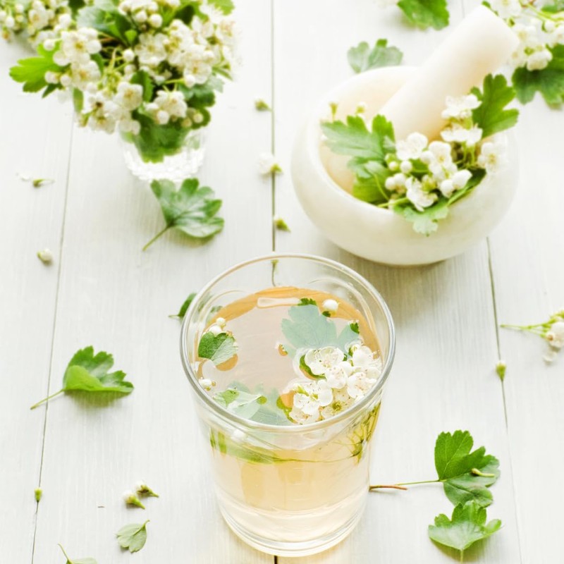 Organic hawthorn tea, organic hawthorn leaves with blossoms, hawthorn from