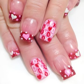 24 Pcs French Tip Press on Nails Short Square Valentine's Day Fake Nails With Glitter Designs Heart False Nails Letter Glue on Valentines Acrylic for Women Girl Holiday Decoration