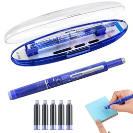 Retractable Fountain Pen, Protectivemethod Pen, 0.38mm Blue Ink Transparent Barrel, Press Fine Nib Fountain Pen Set, Includes 5 Refillable Ink Cartridges, For Writing, Office (Blue)