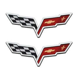 Pair Set C6 Corvette Emblem 2005-2013 Front Hood Rear Crossed Flags Badge Sticker Replacement for Corvette Chrome Red Black