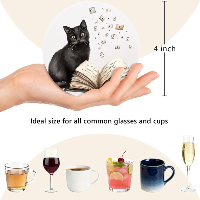 6Pcs Book Cat Coasters with Holder, Funny Ceramic Coaster for