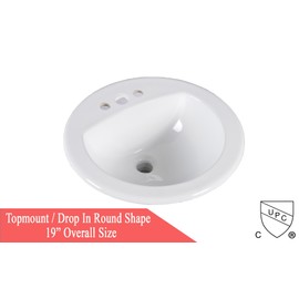 KINGSMAN 19 Inch Durable Round Topmount/Self Rimming/Drop In Vitreous Ceramic Lavatory Vanity Bathroom Sink - Pure White (19")