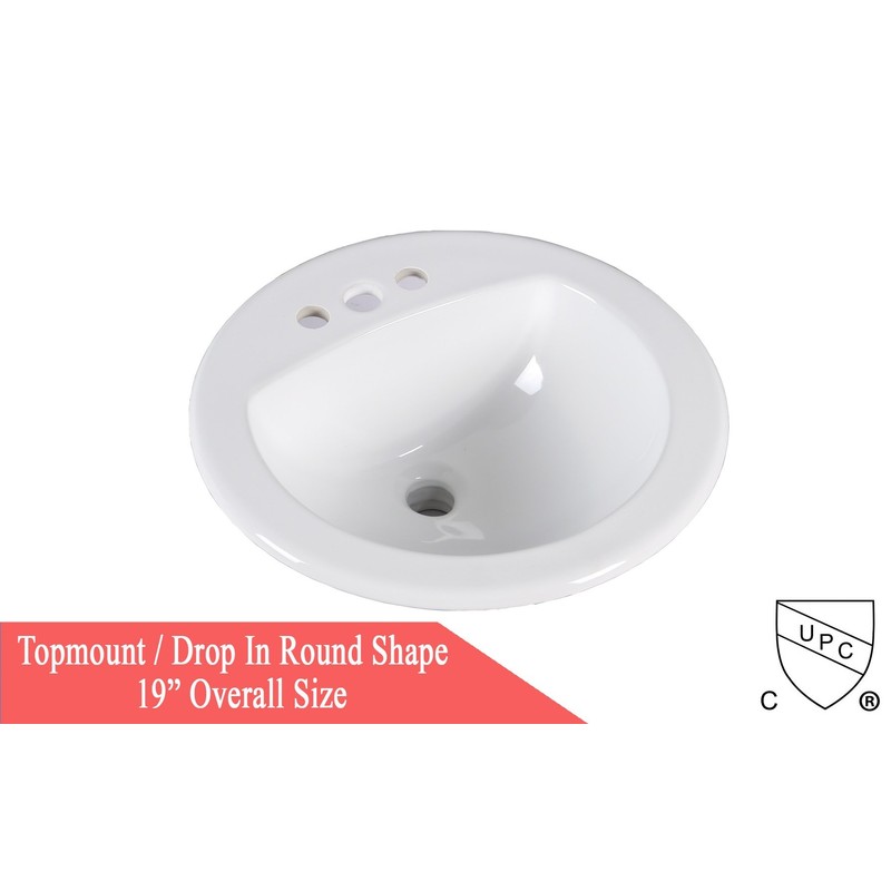 KINGSMAN 19 Inch Durable Round Topmount/Self Rimming/Drop In Vitreous Ceramic
