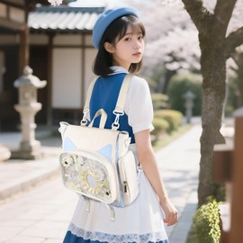 TINYAT Pain Bag, Shoulder Pain Bag, 3-Way Cute, Cat Ears, Thrusting Bag, Clear Pocket, Crossbody Bag, For Students, Girls, School, Concerts, Travel, Luggage, beige