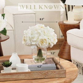 WELL KNOWN White Peonies Artificial Flowers with Hydrangea in Glass Vase with Fake Water, Fake Austin Rose Bouquet with Vase for Home Hotel Office Wedding Party Decor as Table Centerpieces & Gift