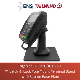 ENS Tailwind Ingenico ICT 220/ICT 250 7" Latch and Lock Flexipole Plus Pole Mount Terminal Stand with Square Freestanding Mobility Base Plate, Black