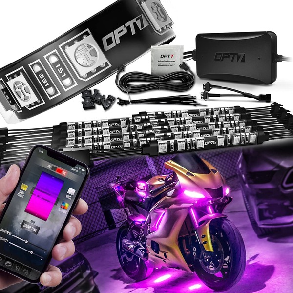 OPT7 Aura Pro Motorcycle LED Light Kit Smart Brake, RGB Multi-Color Bike Underglow Neon Light Bluetooth APP, Motorcycle Under Glow Strips Switch for Sports Bike, 10pc, IP67 Waterproof 12V, IOS Android