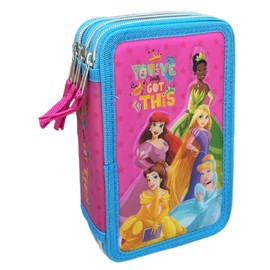 CARTOON School Pencil Case with 3 Zips with Multiple Compartments Complete with 44 Pieces Giotto Colours 20 x 13 x 6 cm, pink, princesses
