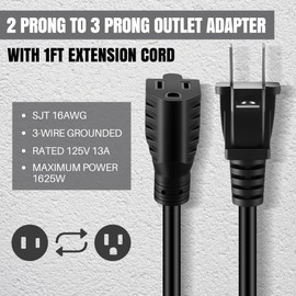 Dreyoo 2 Pack 2 Prong to 3 Prong Adapter with 1FT Extension Cord, Polarized Grounding Outlet Adapter, Portable Fireproof 16AWG Wall Outlet Plug for Home Office RV Household Appliances Industrial