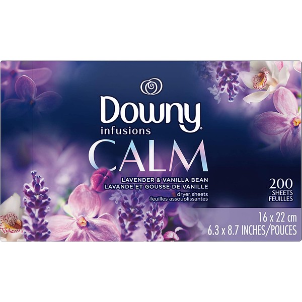Downy Infusions Dryer Sheets Laundry Fabric Softener, Calm Scent, Lavender & Vanilla Bean, 200 Count