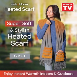 Sash & Bloom Heated Scarf Grey – Super-Soft and Stylish Portable, With Pockets, 3 Settings, Heats Up To 55 degrees, Auto-Off, For Sport Games, Camping, Hiking, Walking, Office, Home