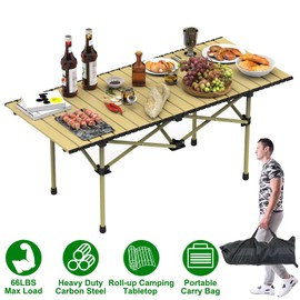 KOCASO Portable Folding Camping Table, Lightweight Roll-up Outdoor Table with Carry Bag, Collapsible Picnic Table for Camping, Beach, BBQ, Hiking, Foldable & Sturdy Camping Furniture, L Size