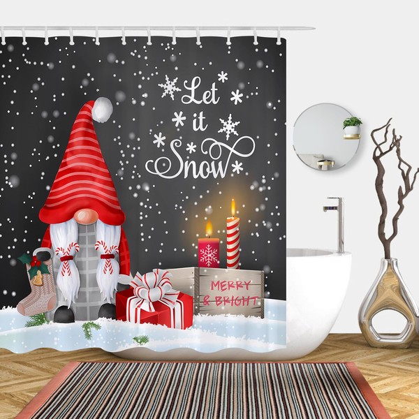 Abaysto Christmas Gnome Shower Curtains for Bathroom Let it Snow Fabric Shower Curtain Winter Xmas Holiday Bathroom Curtain Set 12 Hooks Included 180X180 CM