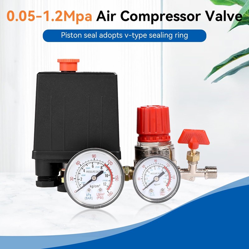 Air Compressor Pressure Valve Switch, 2-G1/4 Connector 0.05-1.2Mpa Air Compressor